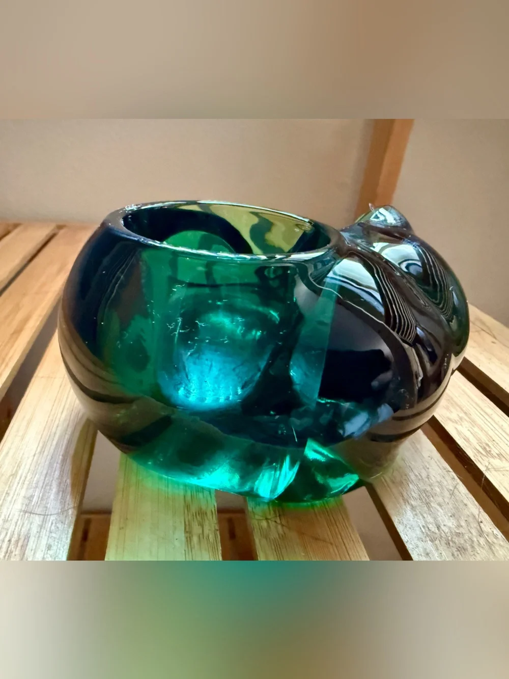 Green Glass Cat Decorative Vessel - Handcrafted Accent